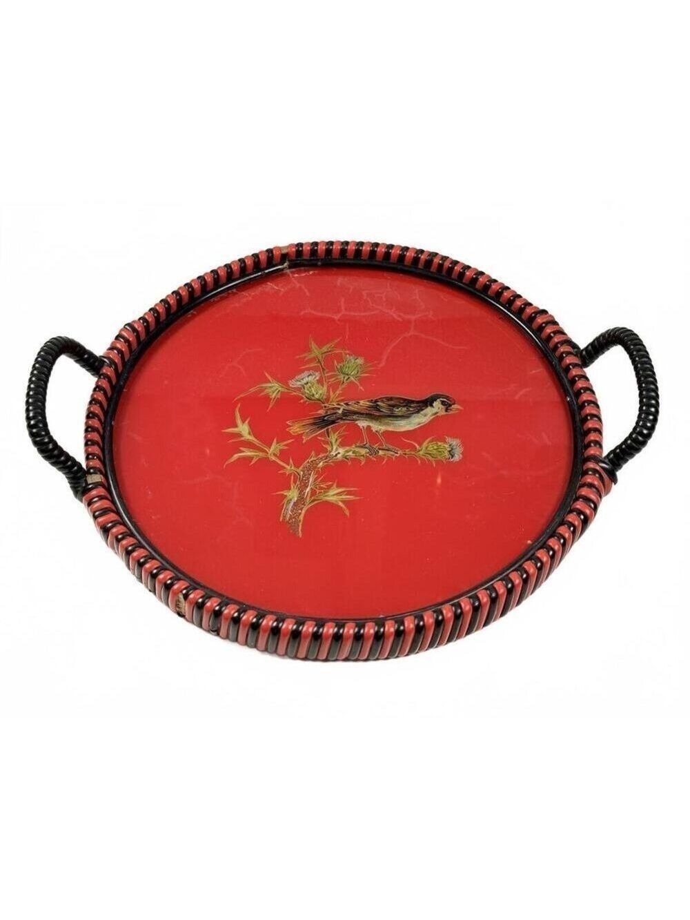 Vintage German US Zone Red Black Celluloid Goldfinch Bird Tray Bobbin Handle - Picture 8 of 13